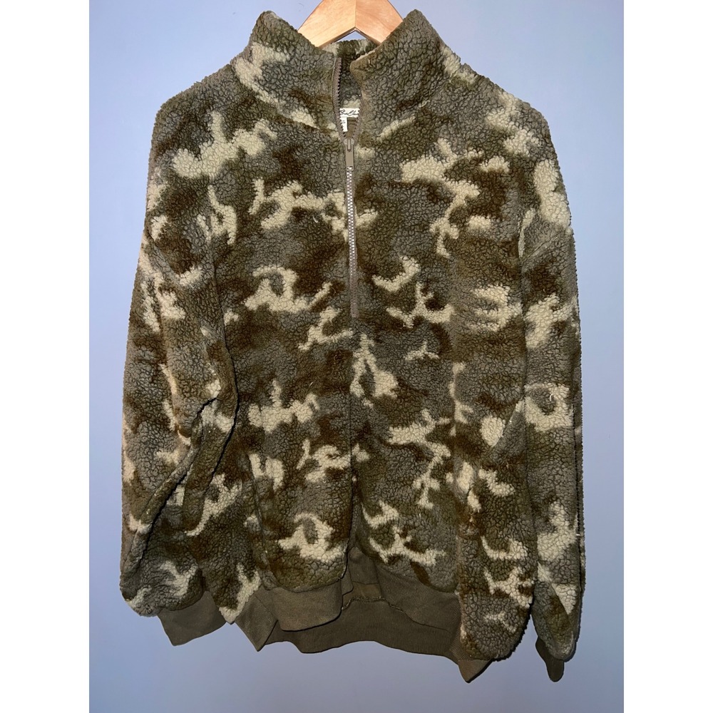 Express One Eleven Mens Camo Sherpa Fleece Quarter Zip Pullover Olive Green M